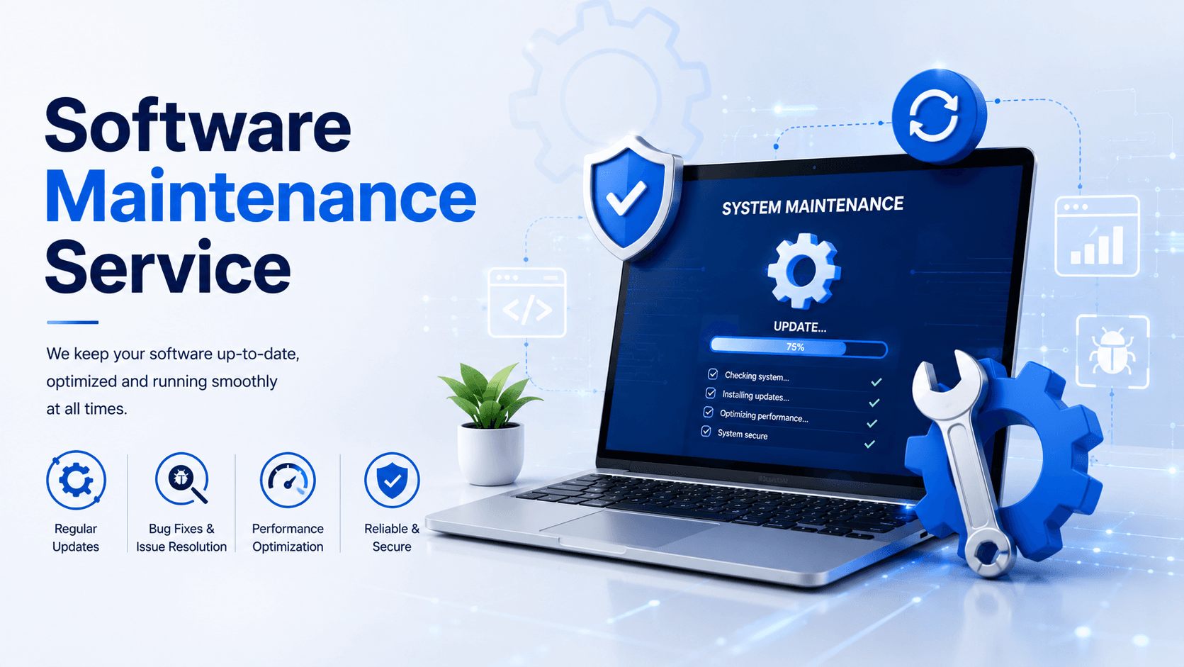 Software maintenance service visual with update, optimization, and security elements