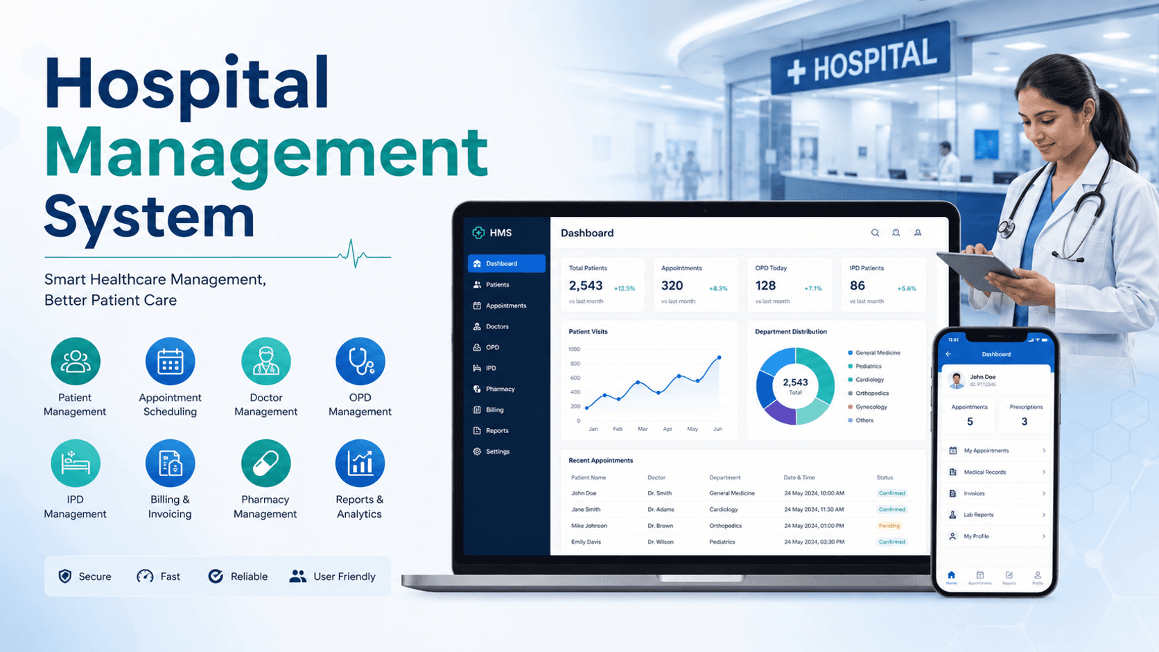 Hospital management software dashboard with patient, billing, and analytics modules