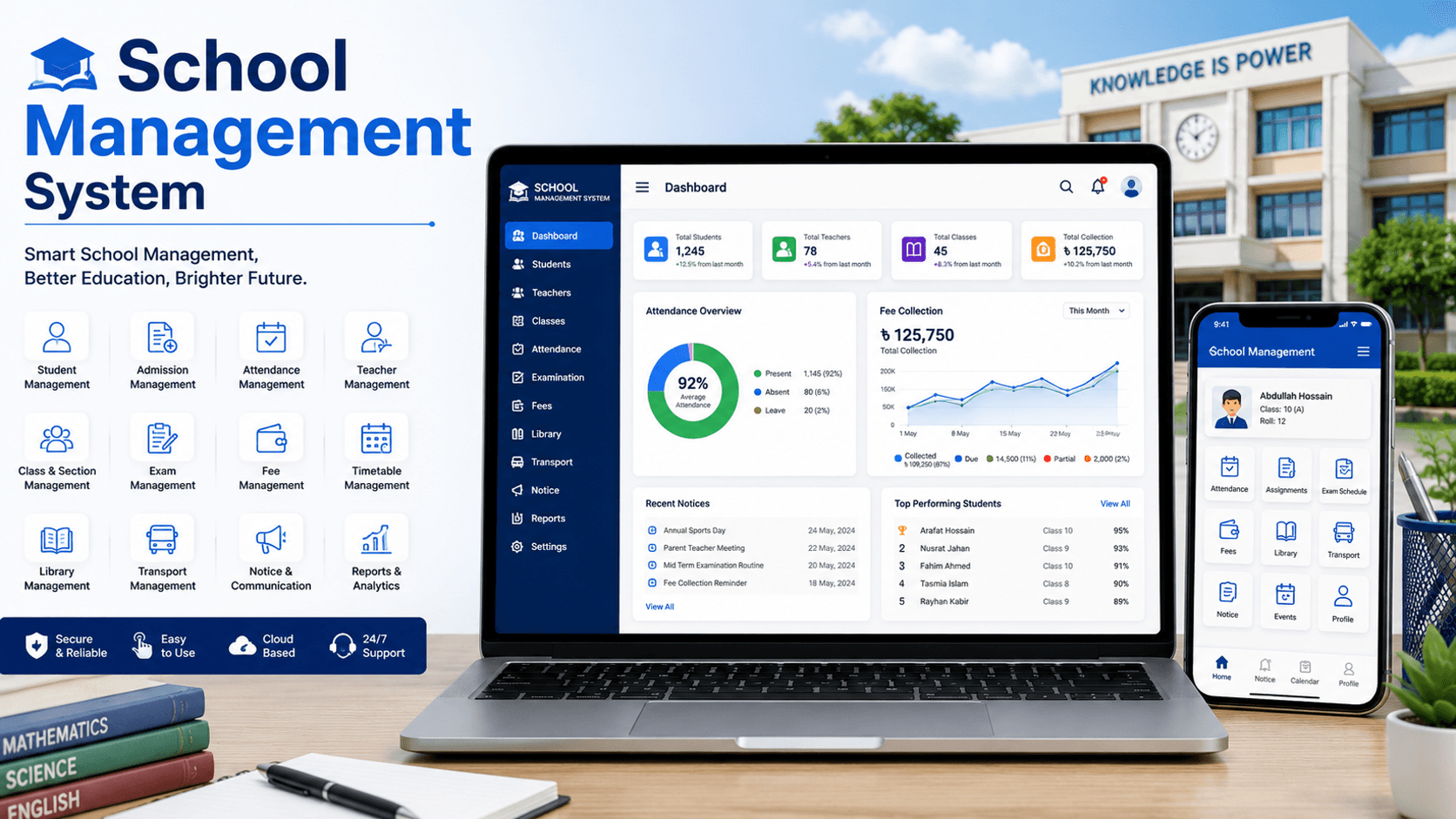 School management software visual with education modules