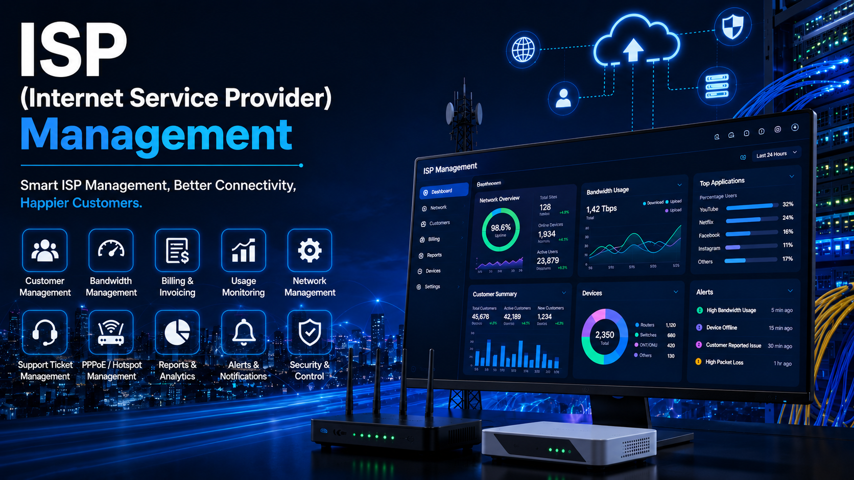 ISP management software dashboard with bandwidth, devices, customer summary, and alerts