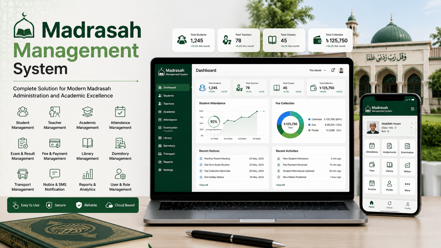 Madrasah management software dashboard with student, class, and accounts modules