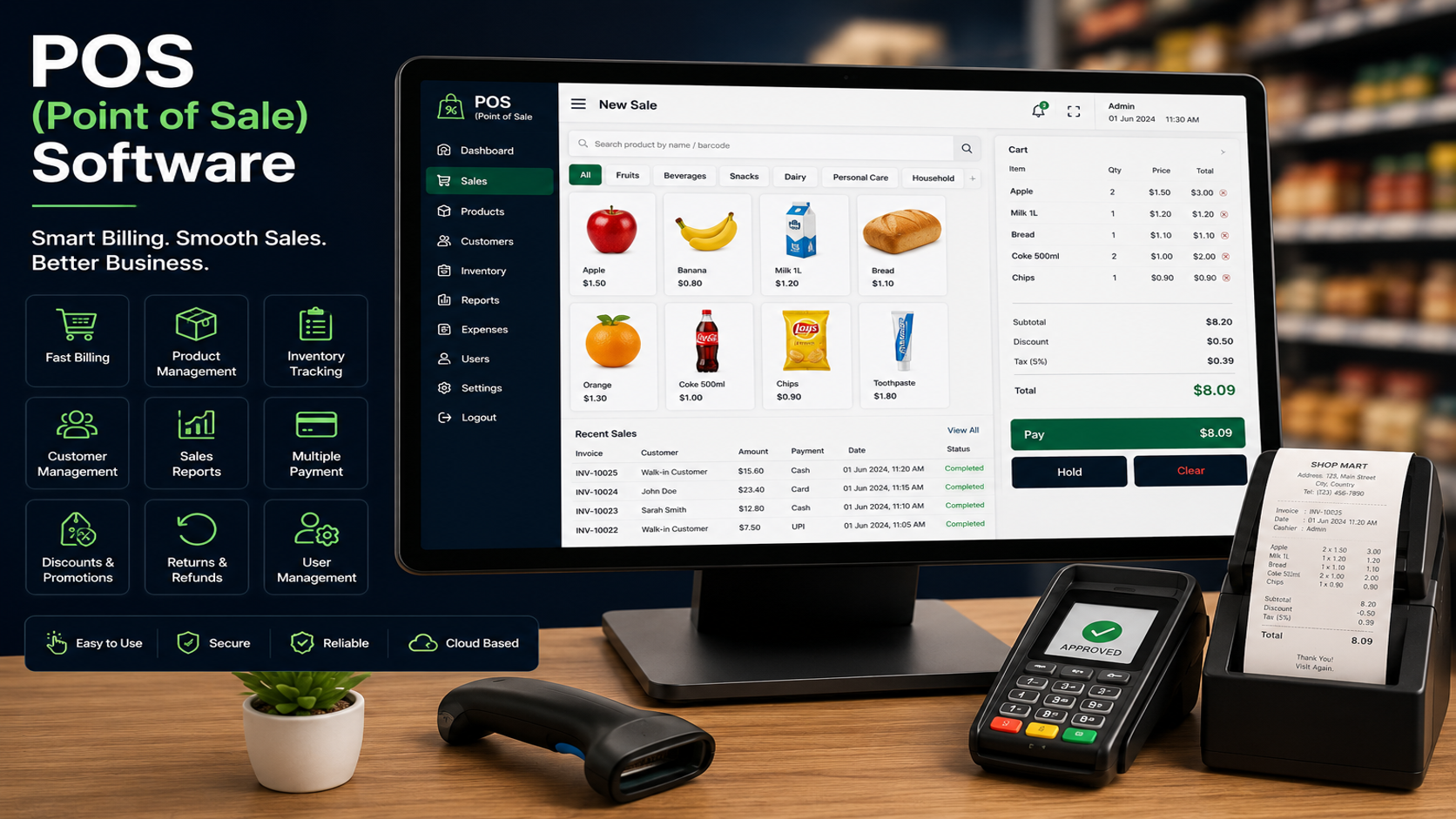 POS software visual with billing inventory and analytics modules