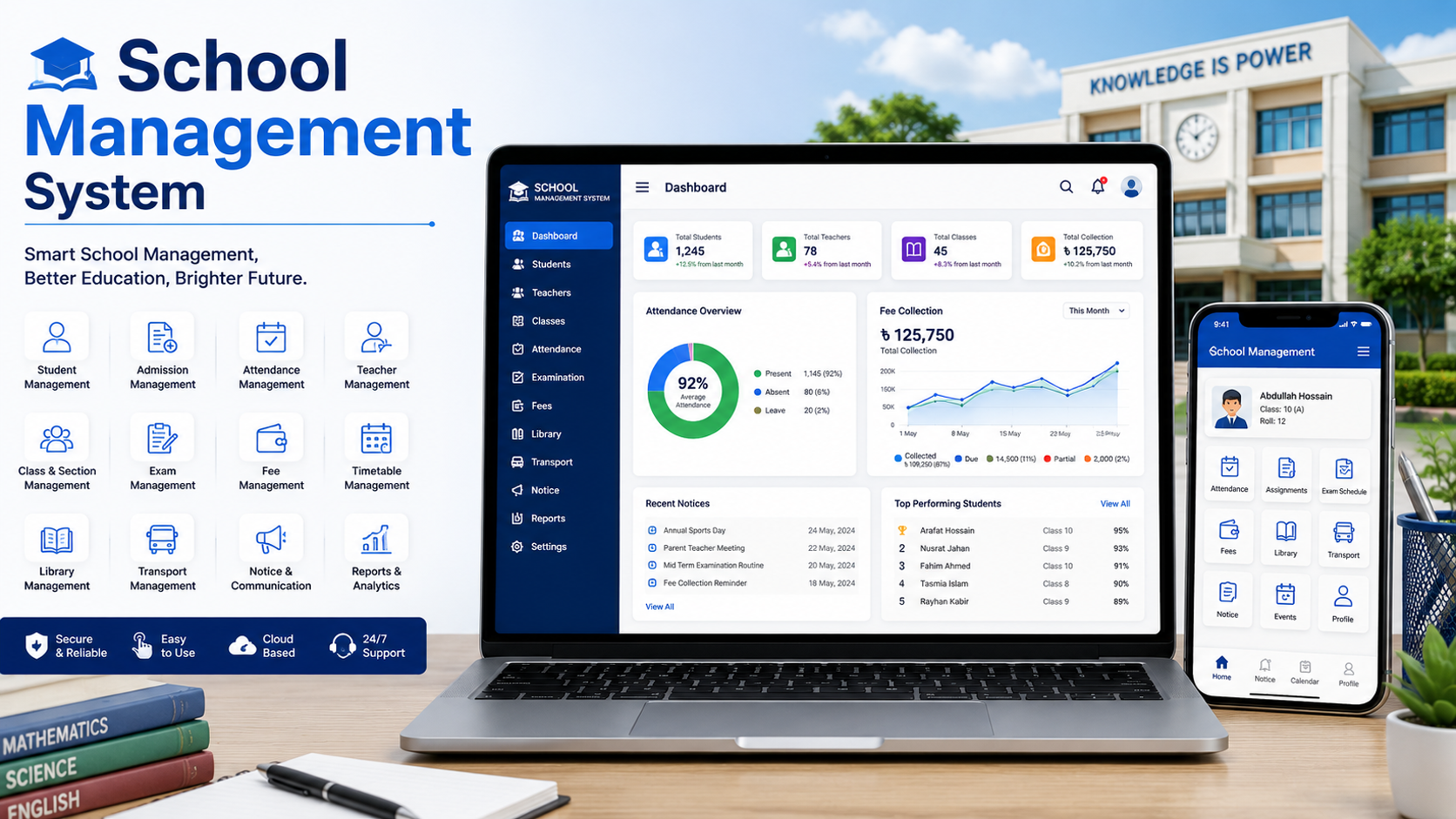 School management software visual with education modules